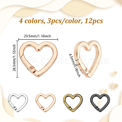 12 個 4 色合金スプリングゲートリング  ハート  ミックスカラー  28.5x29.5x4.5mm  3個/カラー&nbsp;FIND-NB0006-20A