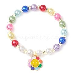 アクリルパールラウンドビーズストレッチブレスレット  女性用合金エナメルチャームブレスレット  虹/星/花  カラフル  内径：2インチ（5cm）&nbsp;BJEW-JB11424