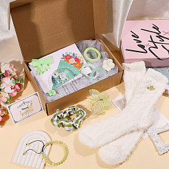 DIYの誕生日ギフトボックスセット  プラスチックカップを含む  花柄を持つ列  紙製の誕生日おめでとうグリーティングカード  樹脂製の伸縮性のあるヘアアクセサリー  紙のグリーティングカード  グリーン  150x75.5mm&nbsp;DIY-GL0007-07A