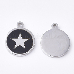304ステンレススチールペンタクルチャーム  黒のアクリルで  スターとフラットラウンド  ステンレス鋼色  12x10x1.5mm  穴：1.2mm&nbsp;STAS-S079-128P