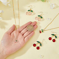 キュービックジルコニアと合金エナメルのチェリーペンダントネックレスとダングルイヤリング  女性のためのジュエリーセット  ミックスカラー  ピアス：38~40x25~28mm  ネックレス：14.72~15.75インチ（37.4~40cm）&nbsp;SJEW-FI0001-22