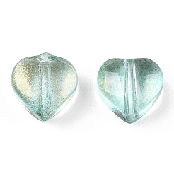 透明なスプレー塗装ガラスビーズ  グリッターパウダー付き  ハート  アクアマリン  6x6x4mm  穴：0.7mm&nbsp;GLAA-R211-02-B05