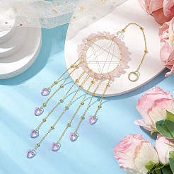 ワイヤーで巻かれた天然ローズクォーツチップリング吊り下げ装飾品  屋内の窓やパティオ、庭の装飾に使えるガラス製のハート型タッセルサンキャッチャー  314mm&nbsp;HJEW-JM02371-02