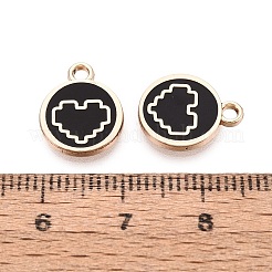 合金エナメルチャーム  ラックめっき  フラットラウンド＆ハートチャーム  ゴールドカラー  ブラック  13.5x11x1.5mm  穴：1.6mm&nbsp;ENAM-Q002-01G-06