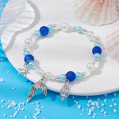 ABS プラスチック模造パール ビーズ ストレッチ ブレスレット  合金チャーム  ヒトデ  内径：2-3/8インチ（6cm）&nbsp;BJEW-JB09742-02