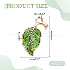 100本合金エナメルペンダント  葉  ライトゴールド  グリーン  20x10x2mm  穴：1.6mm&nbsp;ENAM-ME0001-50