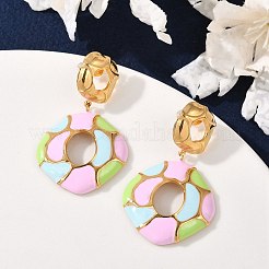 304ステンレススチールエナメルダングルスタッドピアス（女性用）  菱形  ゴールドカラー  ピンク  43x26.5mm&nbsp;EJEW-F353-01G-01