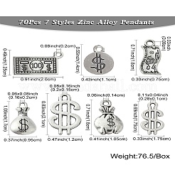 70個7スタイル亜鉛合金ペンダント  ジュエリーにはDIYアクセサリー  ドル紙幣とお金の袋とドル記号  アンティークシルバー  17.5~21x8.5~12.5x1~2mm  穴：1.5mm  10個/スタイル&nbsp;TIBEP-CJ0002-46