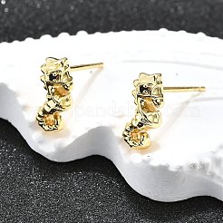 真鍮製スタンドピアス  長持ちメッキ  鉛フリー＆カドミウムフリー  黒のキュービックジルコニア  タツノオトシゴ  12x5.5mm&nbsp;EJEW-H157-01G-01