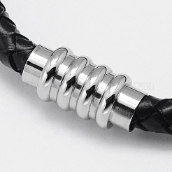 編み込みレザーコードブレスレット  304ステンレススチール製マグネット留め具付き  ブラック  200x6mm&nbsp;BJEW-I199-03