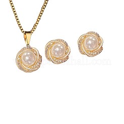 女性用合金ラインストーンペンダントネックレス＆スタッドピアスセット  女性用模造真珠ジュエリーセット  貝殻色  ネックレス：450ミリメートル&nbsp;FS-WGAF6CC-02