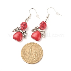 Synthetic Turquoise Skull with Wings Dangle Earrings&nbsp;EJEW-JE04944-01