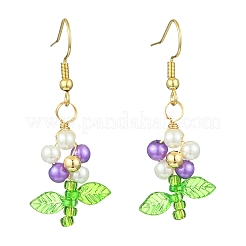 ガラスパール＆アクリルダングルイヤリング  304ステンレススチールピアスフック付き  花  ゴールドカラー  ミックスカラー  43x17.5mm&nbsp;EJEW-JE06325-02