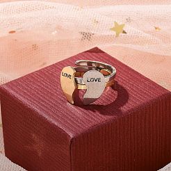 304ステンレススチールカフリング  女性のためのジュエリー  ハート  ゴールデン·ステンレス鋼色  調整可能  ハート：8x13.5mm  2個/セット&nbsp;LS-RJEW-K287-04A