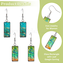2 Pairs 2 Colors Glass Rectangle with Leaf Dangle Earring&nbsp;EJEW-FI0001-16