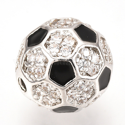 真鍮製マイクロパヴェキュービックジルコニアビーズ  カドミウムフリー＆鉛フリー  エナメル  サッカー/サッカーボール  プラチナ  9.5~10mm  穴：1.5mm&nbsp;ZIRC-Q013-10mm-136P