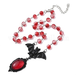 Alloy Red Glass Bat Pendant Round Glass Link Necklaces for Halloween&nbsp;LS-NJEW-H075-02PEB