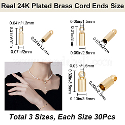 90サイズの真鍮コードエンド3個  エンドキャップ  長持ちメッキ  24KGP本金メッキ  7~8.5x2~3.5mm  穴：1.2~1.5mm  内径：1.5~2.5mm  30pcs /サイズ&nbsp;KK-CN0002-58
