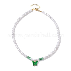 ガラスパールビーズネックレス  合金アクリル蝶ペンダントネックレス  ミックスカラー  16.65インチ（42.3cm）&nbsp;NJEW-JN04726