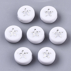 不透明なアクリルビーズ  スターとフラットラウンド  ホワイト  銀メッキ  7x4mm  穴：1.5mm  約3600個/500g&nbsp;PACR-N006-006A-01B