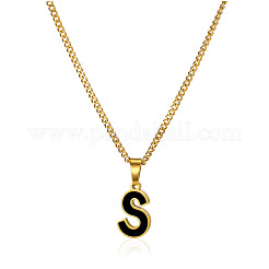 304ステンレススチールブラックエナメルイニシャルペンダントツイストチェーンネックレス  ゴールドカラー  文字S  15.75インチ（40cm）&nbsp;WG978E8-19