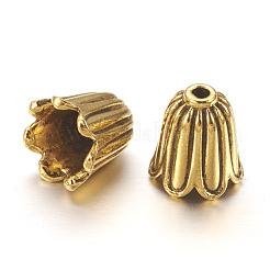 チベット風キャップ  カドミウムフリーと鉛フリー＆ニッケルフリー  花  アンティーク黄金  10x10mm  穴：1mm  内径：7.5mm&nbsp;TIBEB-00864-AG-NR