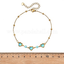 Round Natural Mixed Stone & Stainless Steel Glass Heart Link Anklets for Women&nbsp;AJEW-AN00804