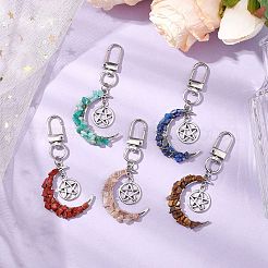 Natural Amazonite & Tiger Eye & Lapis Lazuli & Red Jasper & Black Rutilated Quartz Chip & Alloy Moon Pendant Decoration&nbsp;HJEW-JM02286