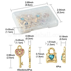 12pcs5スタイルアロイラインストーンペンダント  ハートの鍵と南京錠のチャーム  プラチナ·ゴールデン  19~25x11~13x2~5mm  穴：4.5x5mm&nbsp;FIND-FS0002-08