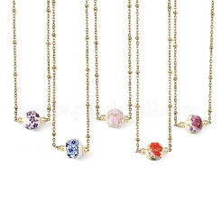 手作りの花柄プリント磁器製ラウンドペンダント、304ステンレススチール製サテライトチェーンネックレス（女性用）  ミックスカラー  ゴールドカラー  16.65インチ（42.3cm）&nbsp;NJEW-JN06473