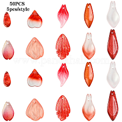 45 個 9 スタイル透明ガラスペンダント  花弁  レッド  15~25.5x6~15x2~6mm  穴：1~1.2mm  5個/スタイル&nbsp;GLAA-YW0003-71