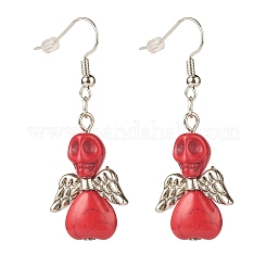Synthetic Turquoise Skull with Wings Dangle Earrings&nbsp;EJEW-JE04944