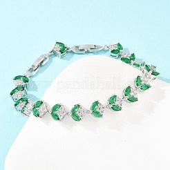 プラチナトーン真鍮マイクロパヴェキュービックジルコニアテニスブレスレット  女性用リンクブレスレット  葉  ガラスと時計バンドの留め金付き  長持ちメッキ  グリーン  8-3/4x3/8インチ（22.3x1cm）&nbsp;BJEW-B160-09P