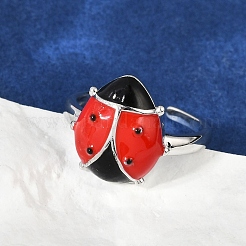 女性用真鍮エナメルカフリング  カドミウムフリー＆鉛フリー  てんとう虫  プラチナ  トレイ：15x14mm  内径: 調節可能&nbsp;RJEW-A059-03P