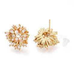 Flower Brass Micro Pave Clear Cubic Zirconia Stud Earrings&nbsp;EJEW-N062-02G