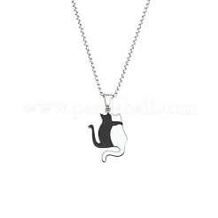 304 Stainless Steel Enamel Black and White Cat Shaped Pendant Box Chain Necklaces for Men&nbsp;WG4CCE4-01