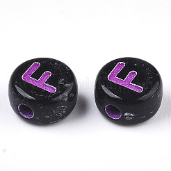 不透明な黒のアクリルビーズ  水平穴  混合色の文字が付いたフラットラウンド  文字.f  7x4mm  穴：1.6mm  約3600個/500g&nbsp;MACR-N008-17F