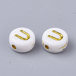メッキアクリルビーズ  ゴールドライン入り  水平穴  アルファベット付きのフラットラウンド  ホワイト  文字.u  7x3.5mm  穴：1.2mm  約3600個/500g&nbsp;PACR-R242-01U