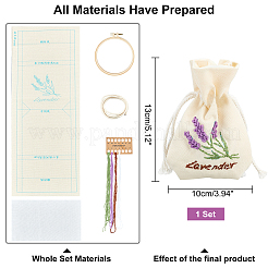 ラベンダー柄刺しゅうスターター巾着袋作りキット  プラスチック刺繡フープを含む  ファブリック  ポリエステル糸  鉄針  巾着コード  ミックスカラー  スレッド：1mm&nbsp;DIY-WH0308-156