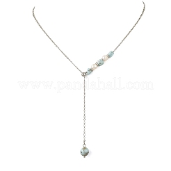 Natural Larimar Round Pendant Brass Cable Chain Lariat Y Necklaces with Natural Pearl for Women&nbsp;NJEW-JN06611-02