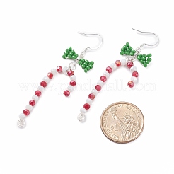 Glass Beaded Christmas Candy Cane with Bowknot Dangle Earrings&nbsp;EJEW-TA00080