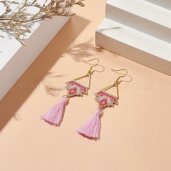 グラスシード ブレイド クラウン ダングル イヤリング  綿のタッセルと  女性用ゴールデン 304 ステンレススチール トライアングル ジュエリー  パールピンク  80mm  ピン：0.7mm&nbsp;EJEW-MZ00049