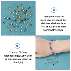  300Pcs 6 Styles Round PVD Vacuum Plating 304 Stainless Steel Beads&nbsp;STAS-UN0026-43