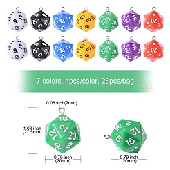 28個7色不透明アクリルパーツ  プラチナメッキ鉄パーツ  多面カット  多面体サイコロ  D20  ミックスカラー  27.5x20x20mm  穴：2mm  4個/カラー&nbsp;MACR-CJ0001-36
