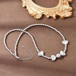 Brass Micro Pave Clear Cubic Zirconia Heart Round Beaded Bib Necklaces for Women&nbsp;NJEW-F364-08P