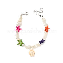 Natural Moonstone Chip & Starfish Beads & Synthetic Turquoise Turtle Charm Bracelets Sets&nbsp;BJEW-JB12405-02