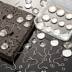 キットを作るDIYイヤリング  12個2スタイルのフラットラウンド304ステンレススチールペンダントカボションセッティングを含む  30個3スタイルドーム透明ガラスカボション  304ステンレススチールピアスフック＆丸カン  ステンレス鋼色  ガラスカボション：11.5~16x4~5ミリ  10個/カラー&nbsp;DIY-FS0001-75