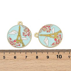 合金エナメルチャーム  ゴールドカラー  エッフェル塔のチャームが付いたフラットラウンド  淡いターコイズ  26x23x1mm  穴：1.8mm&nbsp;ENAM-V001-02E-G