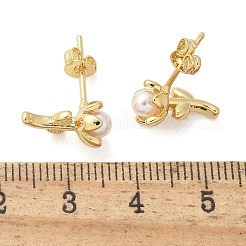 真鍮製スタンドピアス  アブストイミテーションパール付き  ラックめっき  長持ちメッキ  鉛フリー＆カドミウムフリー  花  18KGP本金メッキ  13x7mm&nbsp;EJEW-F359-01G