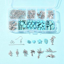 DIY ミックスシェイプ合金 & 合成ターコイズ ダングルイヤリング作成キット  アンティークシルバー＆プラチナ  8x7.5x4.5mm  穴：1mm&nbsp;DIY-FS0006-33